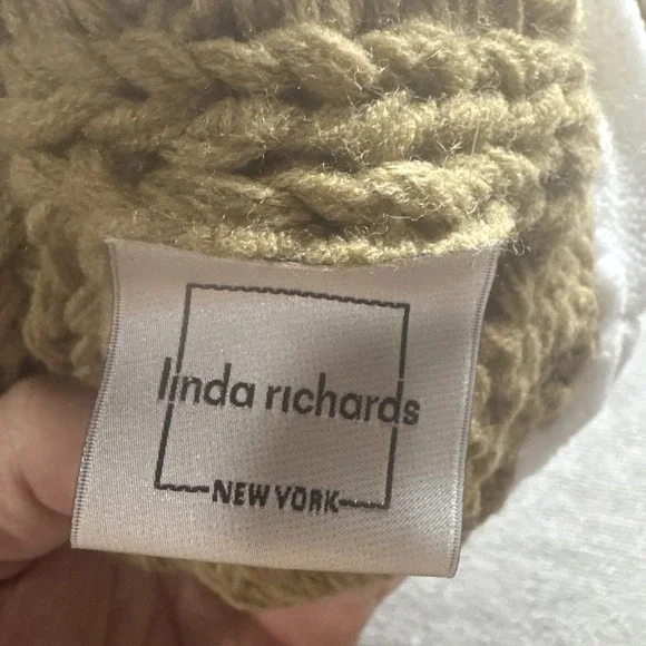 Linda Richards‎ New York Cable Knit Beanie Fur Pom Cap Beige Brown Basket Weave